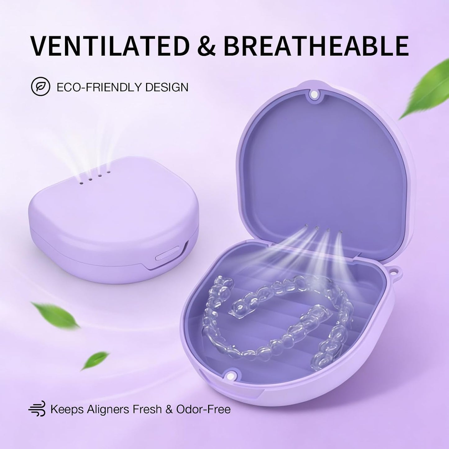 2 Pack Retainer Case, Slim Aligner Case with Vent Holes and Silicone Liner, Compatible with Invisalign, Includes Removal Tool, Brush, Chews, Purple