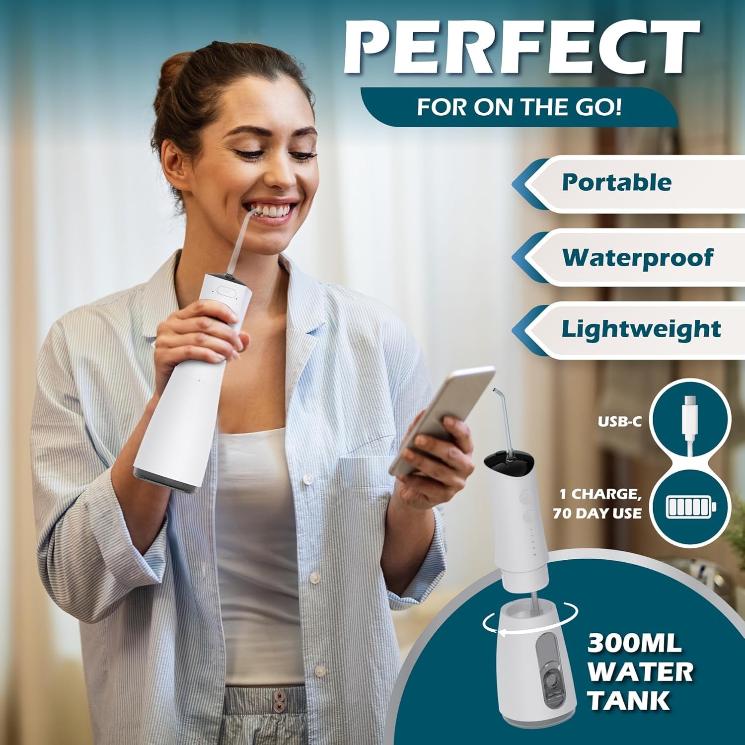 High-Pressure 120PSI Water Dental Flosser with 300Ml Reservoir - Portable Water Flosser for Teeth & Gum Cleaning - Rechargeable with 4 Pressure Modes, 1600 Pulses/Minute & IPX7 Waterproof